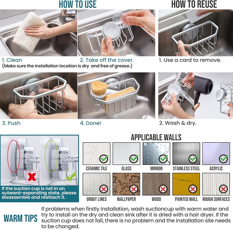 Taili Sponge Holder for Kitchen Sink with Strong Suction Cup Removable, Rustproof Aluminum Sink Caddy for Sponge, Brush, Scrubber, Scraper -Silver - Image 3